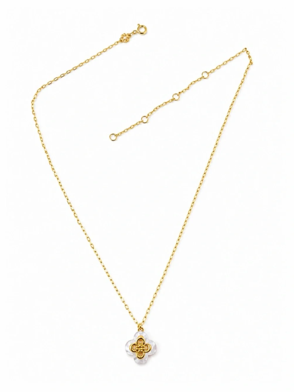 TORY BURCH • Mother-Of-Pearl Kira Clover Logo Pendant Necklace